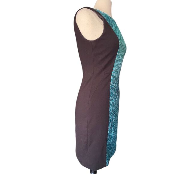 Womens T Tahari Black Sz S Knee Length Sheath Dress Teal Graphic Insert Back Zip - Picture 3 of 10